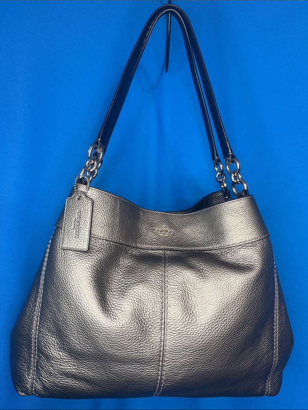 GORGEOUS COACH METALLIC SILVER & SNAKESKIN LEXY PEBBLE LEATHER 3 COMPARTMENT BAG